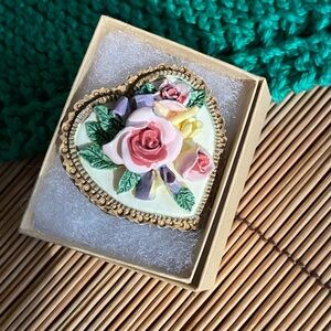 Floral Heart-Shaped Vintage Ceramic Brooch